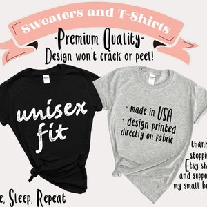 May include: Two t-shirts, one black and one grey, with the text "unisex fit" printed on the black shirt and "made in USA - design printed directly on fabric" printed on the grey shirt. The text "thank you for stopping by my Etsy shop and supporting my small business." is printed on the grey shirt.