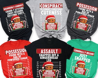 Puede incluir: Seis camisetas de temática navideña diferentes con un hombre de jengibre en una foto policial de la cárcel. Las camisetas son de color rojo, negro, gris, verde y azul. El texto en las camisetas incluye "Conducta desordenada", "Conspiración", "Posesión", "Asalto", "Insanidad criminal" y "Simplemente loco".