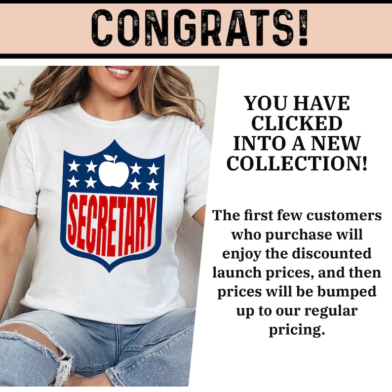 May include: White t-shirt with a red, white, and blue graphic of a football helmet with a red apple and the word "SECRETARY" in red letters.