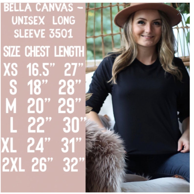 以下が含まれることがあります： Bella Canvas ユニセックス長袖シャツのサイズチャート。チャートは、XS、S、M、L、XL、2XLのサイズに対応する胸囲と着丈をインチで示しています。