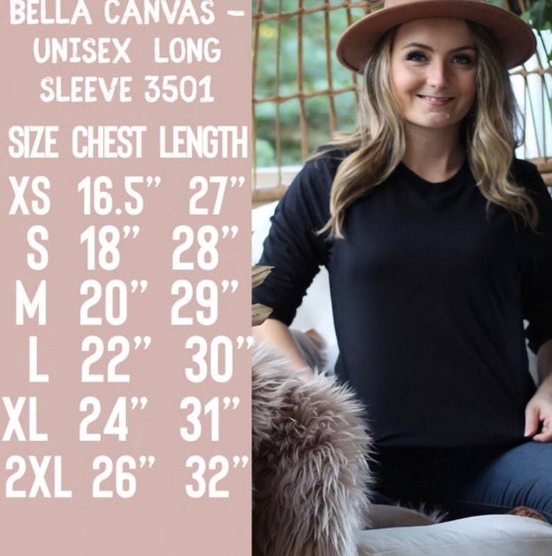 K&ouml;nnte beinhalten: Gr&ouml;&szlig;entabelle f&uuml;r ein Bella Canvas Unisex-Langarmshirt. Die Tabelle zeigt die Brust- und L&auml;ngenma&szlig;e in Zoll f&uuml;r die Gr&ouml;&szlig;en XS, S, M, L, XL und 2XL.