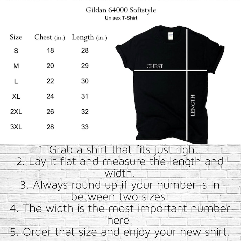 May include: A size chart for Gildan 64000 Softstyle Unisex T-Shirts. The chart shows the chest and length measurements in inches for sizes S, M, L, XL, 2XL, and 3XL. An image of a black t-shirt is shown with the chest and length measurements marked.