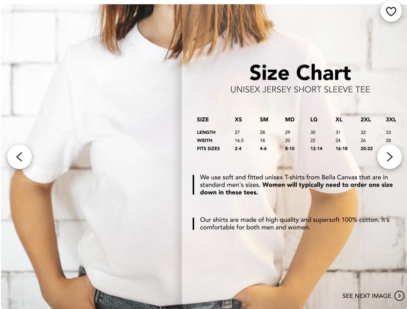 May include: A white unisex jersey short sleeve tee shirt. The image includes a size chart with measurements for length, width, and fit sizes. The chart provides sizes from XS to 3XL. The shirt is made of 100% cotton.