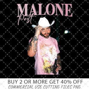 May include: A digital download of a Post Malone graphic featuring a pink shirt with a unicorn design, a cowboy hat, and the text "MALONE Post".