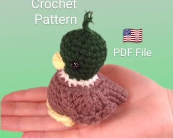 Mallard Duck CROCHET PATTERN, small stuffie bird amigurumi, PDF for handmade animal, cute ducky instructions, Us terms, beginner skill.