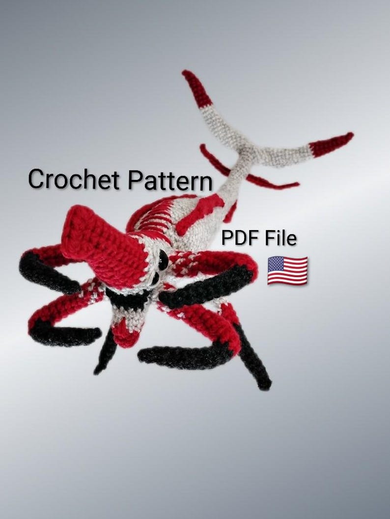 May include: A crocheted creature in red, black, and white, with the text "Crochet Pattern PDF File" and a small American flag. The handmade item has multiple appendages and a detailed design, set against a gradient gray background.