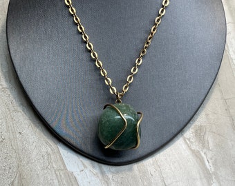 Vintage Gold Tone Necklace, Crystal Necklace, Dark Green Aventurine Necklace, Natural Gemstone Necklace,