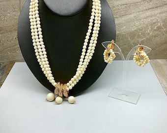 Vintage Faux Pearl Necklace and Matching Earrings, Matching Faux Pearl Necklace and Earrings Set, Faux Pearl Necklace and Earrings Set,