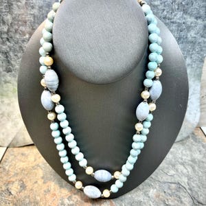 Vintage Larimar Beaded Necklace, Sky Blue Larimar Beaded Necklace, Vintage Beaded Gemstone Necklace, Long Larimar Beaded Necklace,