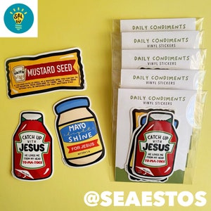 Catch up with Jesus, Mayo Light Shine, Mustard Seed - Funny & Cute Christian Condiments stickers ( Stationary / Bumper Car Sticker)