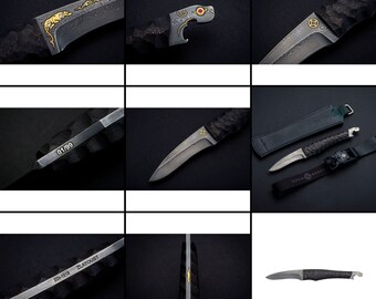 May include: A black and silver knife with a detailed handle and a gold inscription that reads "ZLATOUST 01/99". The knife is shown in multiple angles, including a close-up of the handle and blade.