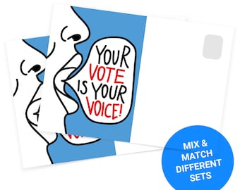 May include: Two white postcards with a blue and white illustration of a person speaking. The speech bubble says "YOUR VOTE IS YOUR VOICE!" in red and black. The postcards are for "POST CARDS TO VOTERS".