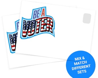 May include: Two white postcards with the text "Be a Voter" in blue and red letters with an American flag design. The text "Mix & Match Different Sets" is on a blue circle in the bottom right corner.