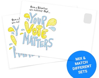 Puede incluir: Dos postales con un diseño azul y amarillo que dice "Your Vote Matters". Las postales son para enviar a los votantes y forman parte de un conjunto de postales que se pueden mezclar y combinar.