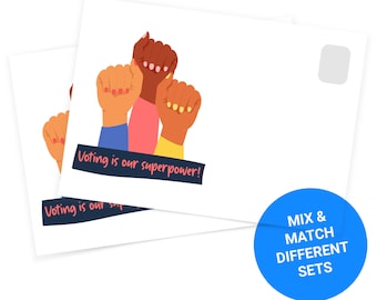 May include: Three raised fists of different skin tones, with the text "Voting is our superpower!" on a black banner. The image is on a white background with a blue circle that says "MIX & MATCH DIFFERENT SETS".