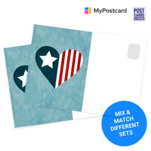May include: Two blue and white postcards with a red, white, and blue heart design. The heart is split in half, with one side showing a white star on a blue background and the other side showing red and white stripes. The text "Mix & Match Different Sets" is on a blue circle.