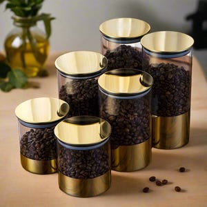 Golden Lid Glass Storage Jar|Airtight Pantry Container|Luxury Kitchen Organization|Airtight Glass and Bamboo Tea Storage Jars|Loose Leaf Tea