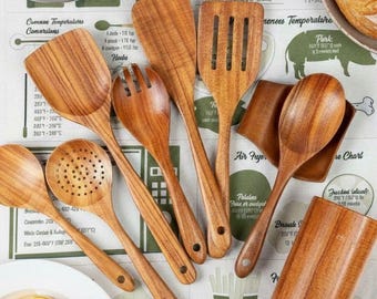 Acacia Wood Cooking Utensil Set with tea towel – 9-Piece Non-Toxic Farmhouse Kitchen Gift