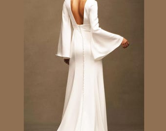 Satin A-Line Wedding Gown: Long Flared Sleeves, Open Back