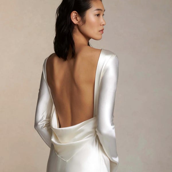 Bridal ivory backless A-line dress. Wedding crepe long sleeves dress. Open back scarf draped accent. Reception dress