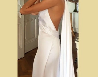 Long Halter Top Simple Wedding slip Dress/V Backless  wedding dress/Hollywood style low back wedding dress /Reception backless ivory dress/