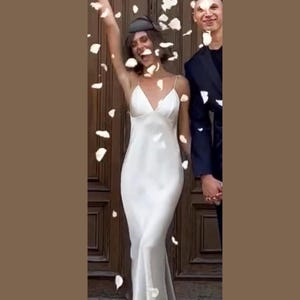 Elegant Backless Bridal Ivory Gown. Wedding reception dress with draped train.Deep back  dress . Vintage wedding slip dress with V neck.