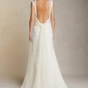 Wedding gown with draped soft tulle. Bridal dress with a square neckline and wide straps. Low back dress with the tie. Custom made dress. image 5