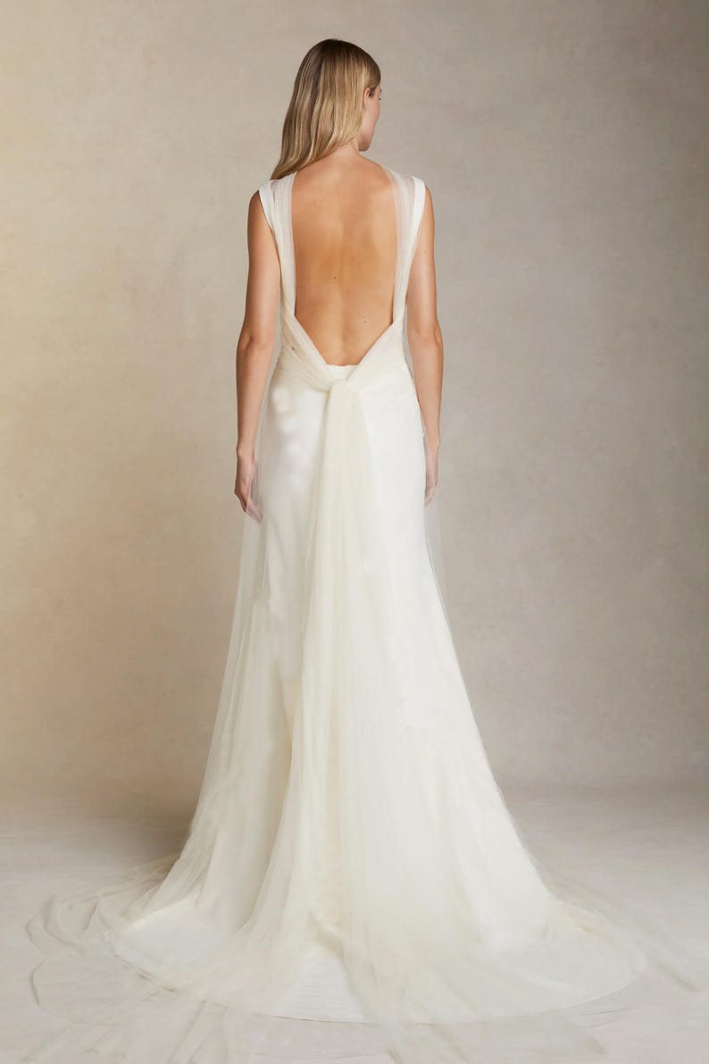 Wedding gown with draped soft tulle. Bridal dress with a square neckline and wide straps. Low back dress with the tie. Custom made dress. image 5