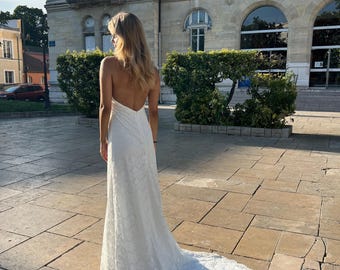 Bridal Dress fully Lace with Halter Neck , Backless Cowl, Custom Made, Reception lace gown
