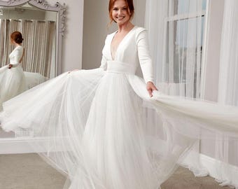 Bridal Satin V-Neck and long sleeves Wedding Gown.  Wedding dress tulle skirt . Reсeption open back dress . Custom made bridal dress