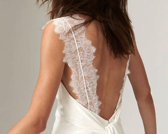 Bridal Ivory Backless Dress with Lace Straps and Tie. Wedding reception gown. Custom made