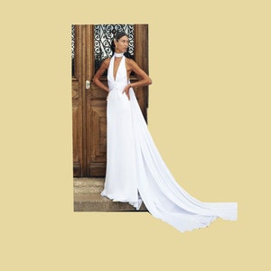 Simple Wedding long Halter Top slip Dress /V Backless  wedding dress/Hollywood style low back wedding dress /Reception backless ivory dress/