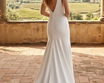 Minimalist  Satin Wedding Gown with V open back. A- A silhouette Custom made dress