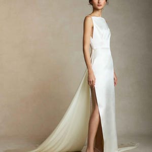 Bridal  Elegant Satin Gown with Deep V-Back and Flowing Train. Backless  wedding dress with long detachable scarf. Reception  ivory dress.