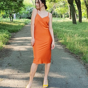 Valentine&#39;s day Cocktail sexy slip dress, Bridesmaids midi Orange slip  dress., Summer satin  slip dress, Cocktail sexy slip dress,