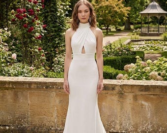 Wedding halter top & long train gown. Open elegant back with buttons. Dress for Reception. Custom made  dress .