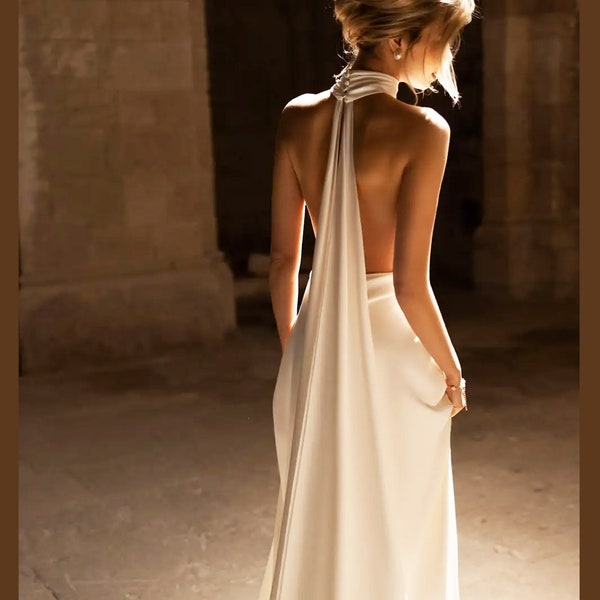 Halter Top Simple Wedding long Dress/V Backless  wedding dress/Hollywood style low back bridal dress /Reception backless ivory dress/