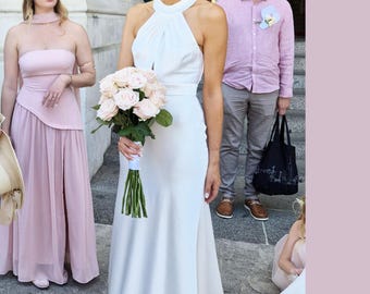 Wedding halter top & long train gown. Open elegant back with buttons. Dress for Reception. Custom made  dress .
