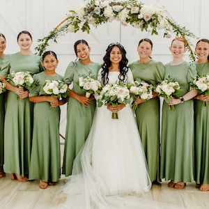 Bridesmaids long sleeves satin vintage sage dress. Prom slip long dress. Bridesmaids church dress with sleeves