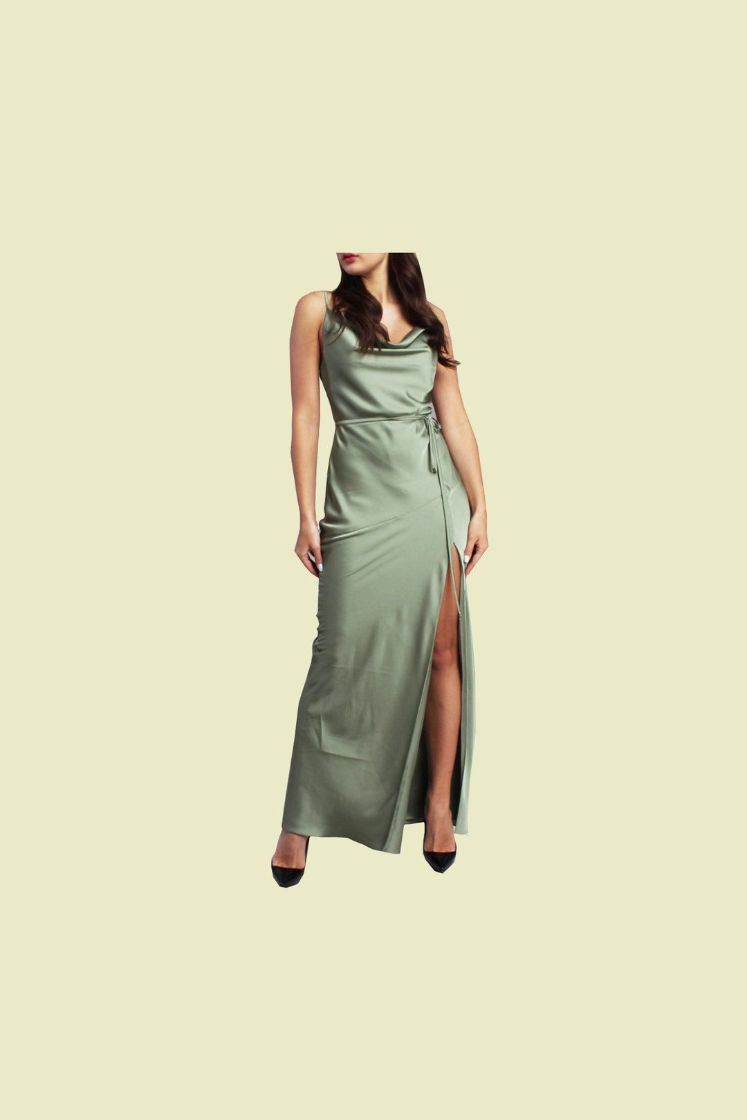 Bridesmaids Sage Leg Slit Slip Dress. Cocktail Cowl Neck Satin Etsy