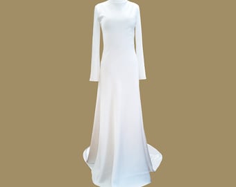 Wediing ivory A-line dress with backless. Custom Wedding crepe simple dress with long sleeves. Bal long dress with open low back