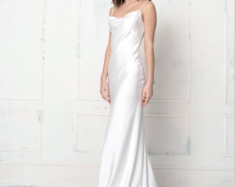 Simple Wedding pure silk slip dress/Reception 100% pure silk Ivory slip Dress/Bridesmaids Dress with cowl neck/ Prom sexy dress
