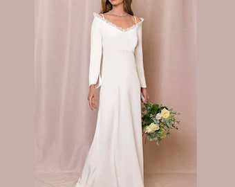 Suknia ślubna Ankle Weding w kolorze kości słoniowej, o linii A, z odkrytymi plecami. Suknia ślubna Reseption, prosta, z krepy, z długimi rękawami. Suknia balowa do kostek z odkrytymi plecami.