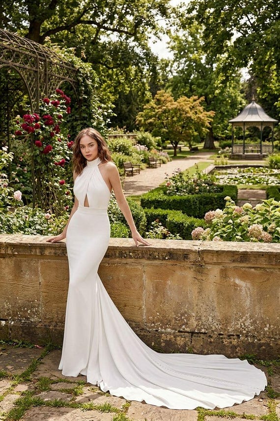 Wedding Halter Top & Long Train Gown. Open Elegant Back With Buttons. Dress for Reception. Custom Made Dress 