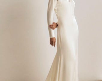 Ivory Satin A-Line Wedding Dress, Long Sleeves, Open V Back