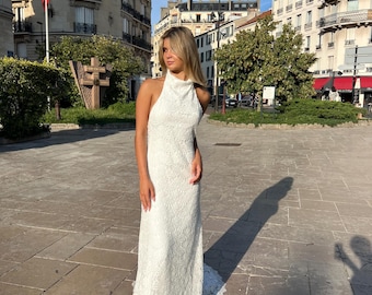 Fully Lace Bridal Dress with Halter Neck , Backless Cowl, Custom Made, Reception lace gown