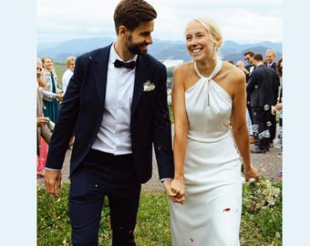 Simple halter top open back waist line  satin wedding dress. Reception Gown. Custom made .
