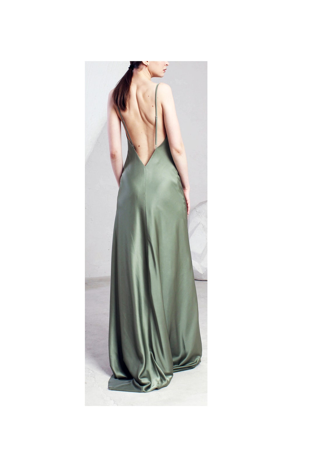 Prom Sage Open Back Slip Dress. Bridesmaids Sage Dress With Train. Sage