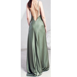 Prom sage open back  slip dress. Bridesmaids sage  dress with train. Sage Dress for Reception. Custom made ivory dress .