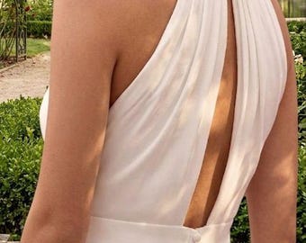 Ivory Crepe Halter Wedding Dress, Open Back with Long Train